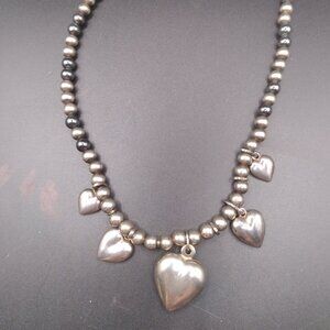Sterling Silver Beads 16'' Necklace With Heart Charms
